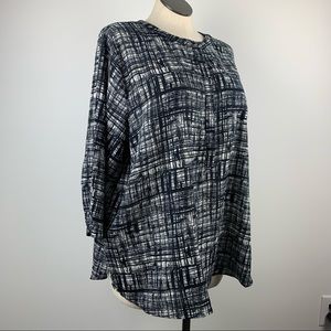 GNW Women’s Plus 2X 3/4 Sleeve Black and White Blouse Half Button Dress Shirt